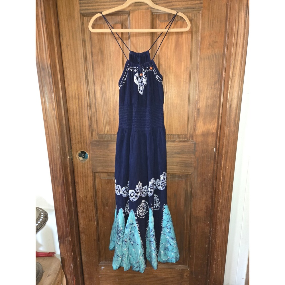 Shoreline Boho Elephant Embroidered Smocked Halter Maxi Dress Navy Blue OS